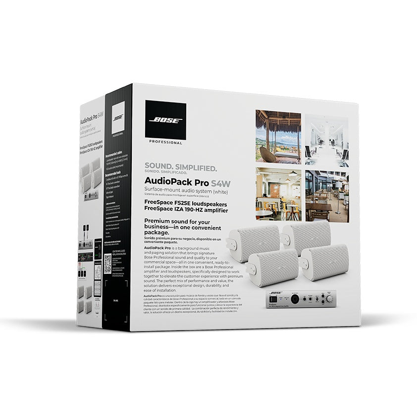 Bose AudioPack Pro S4W retail box art showing the four white surface-mount speakers and amplifier included