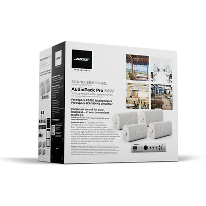 Bose AudioPack Pro S4W retail box art showing the four white surface-mount speakers and amplifier included