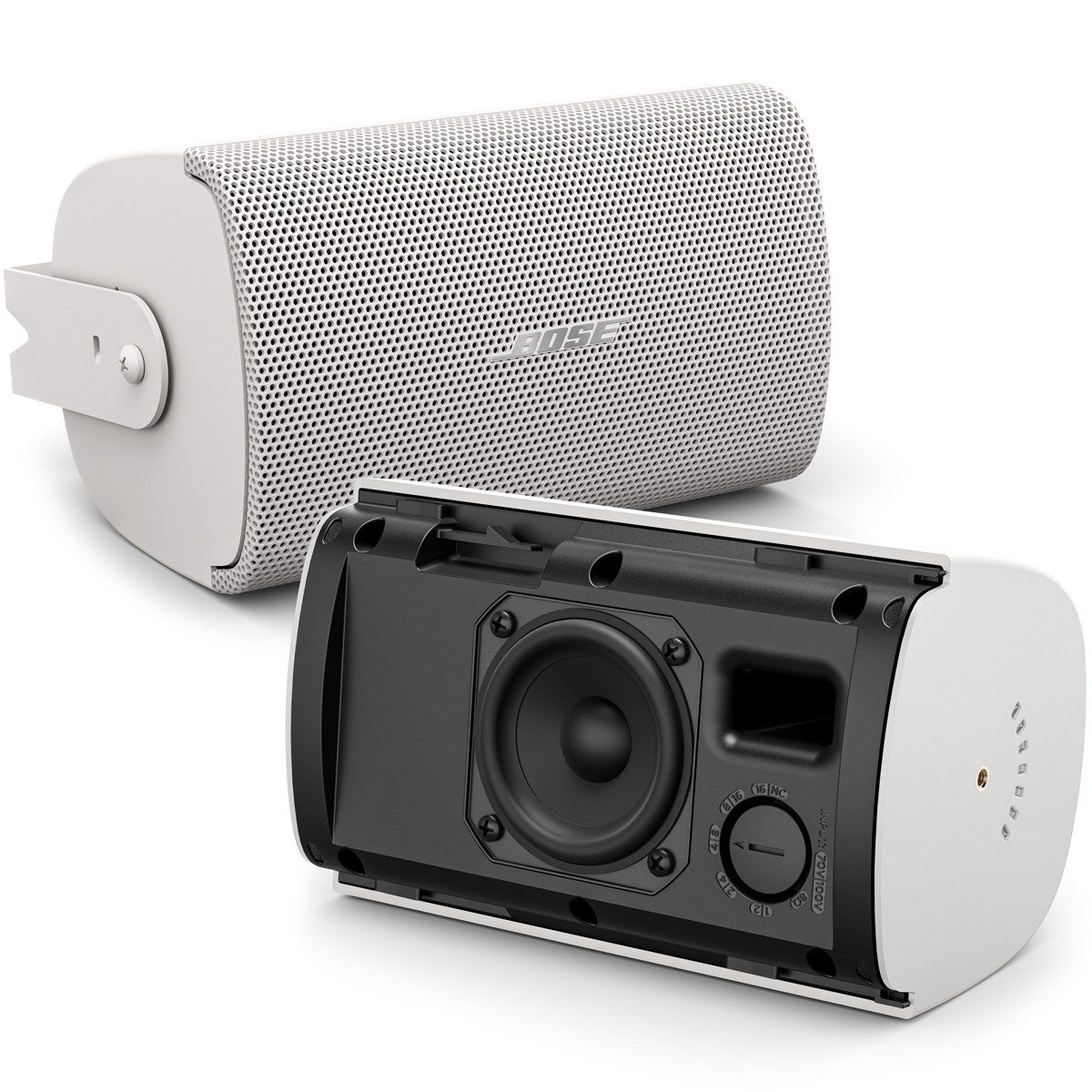 Bose AudioPack Pro S4 white speakers, one with grille removed showing driver and power tap selector dial