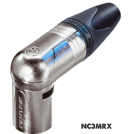Neutrik NC3MRX right angle XLR cable connector with nickel housing and black boot