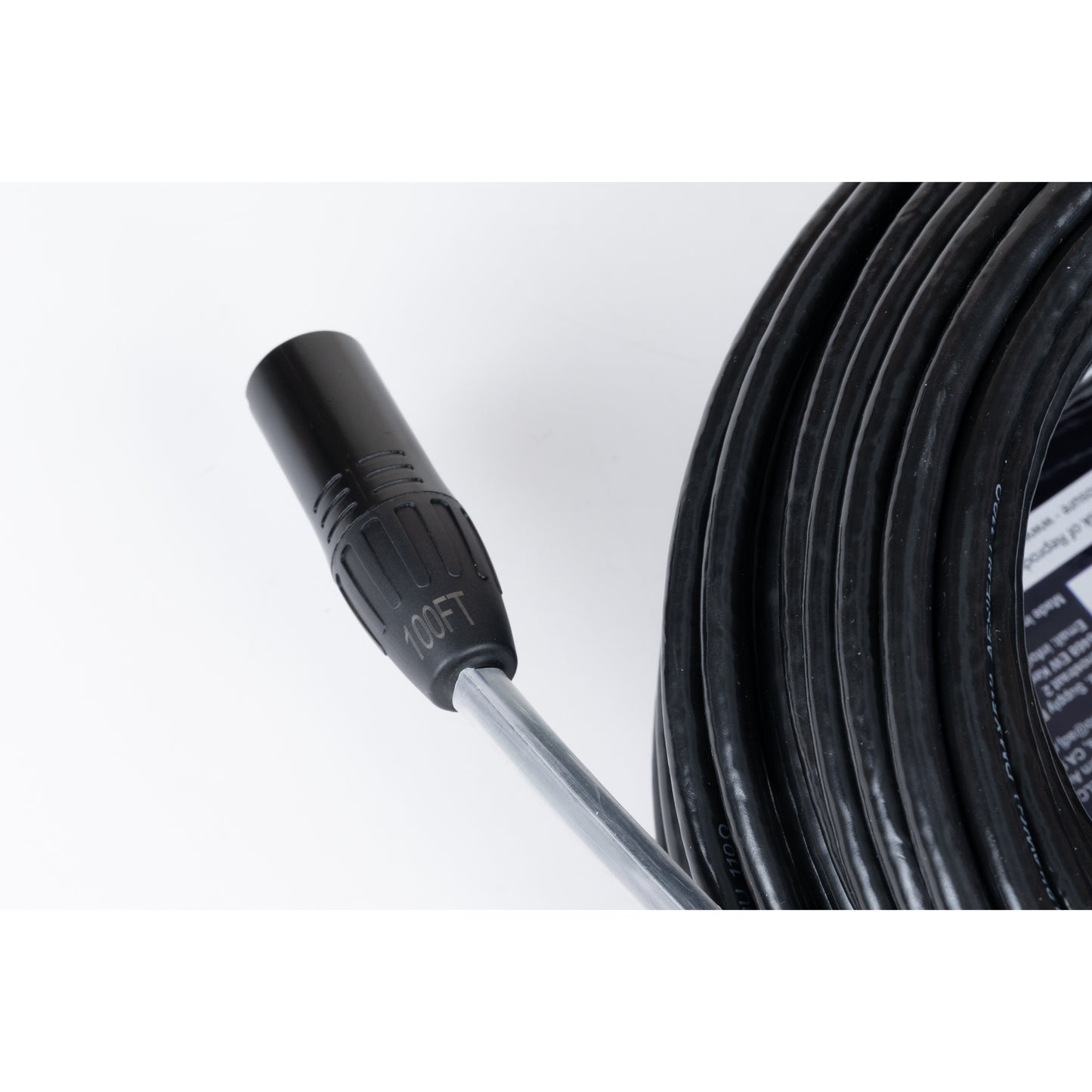 Accu-Cable TOUR LINK 5-pin DMX cable coiled with close-up of black connector boot marked 100FT