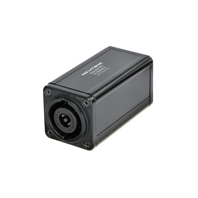 Neutrik NL8MMXX 8-pole speakON feedthrough coupler, angled view of black housing with male connector end