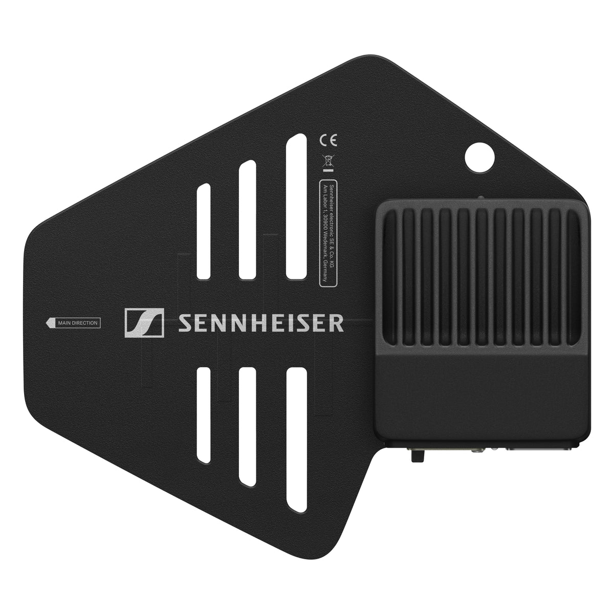 Spectera DAD directional antenna front view showing slotted black panel, Sennheiser logo, main direction arrow and ribbed connector housing, Sennheiser