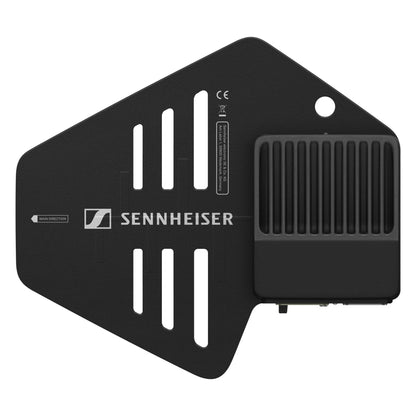 Spectera DAD directional antenna front view showing slotted black panel, Sennheiser logo, main direction arrow and ribbed connector housing, Sennheiser