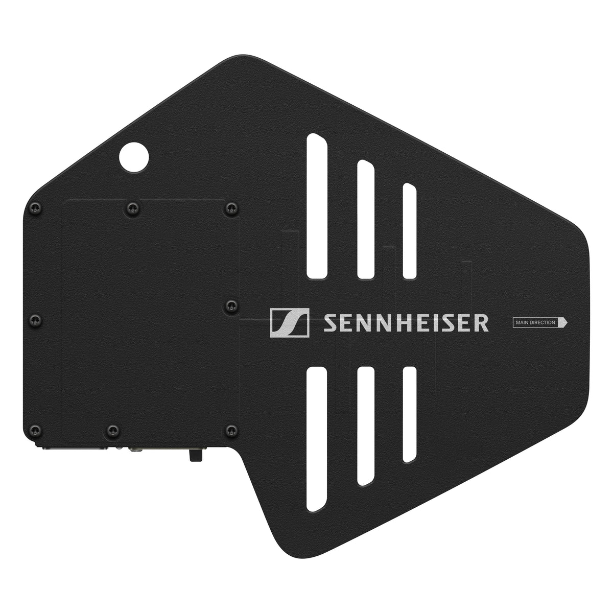 Spectera DAD directional antenna rear view showing screw-fastened back cover plate, mounting hole and main direction marking, Sennheiser