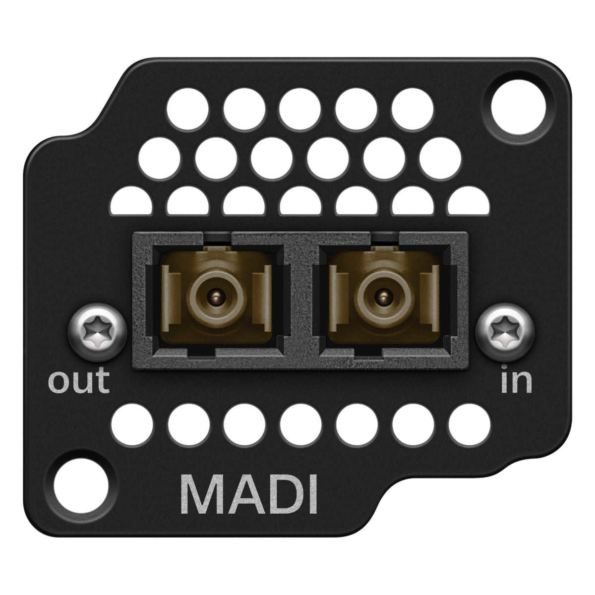 Spectera MADI optical multimode card front panel showing dual duplex fiber connectors labeled out and in with MADI marking and ventilation holes, Sennheiser
