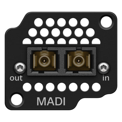 Spectera MADI optical multimode card front panel showing dual duplex fiber connectors labeled out and in with MADI marking and ventilation holes, Sennheiser