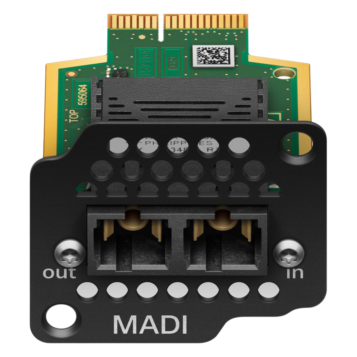 Spectera MADI optical multimode card angled view showing green circuit board with gold edge connector behind the black faceplate with out and in fiber ports, Sennheiser