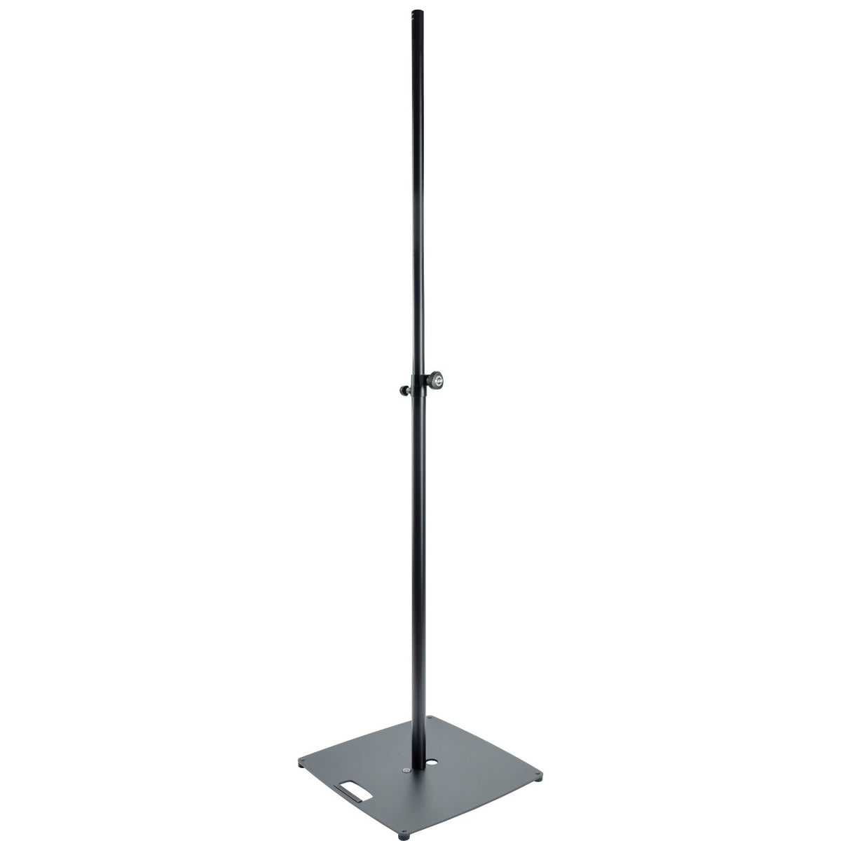 24651 lighting and speaker stand full front view with black steel square base, carry handle cutout and clamp knob on telescopic pole, K&M