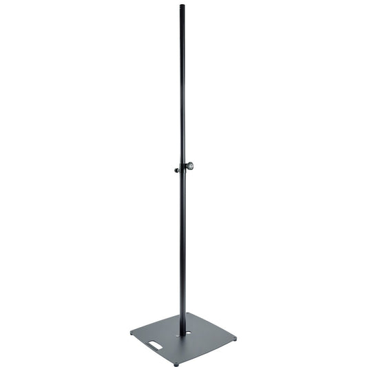 24651 lighting and speaker stand full front view with black steel square base, carry handle cutout and clamp knob on telescopic pole, K&M