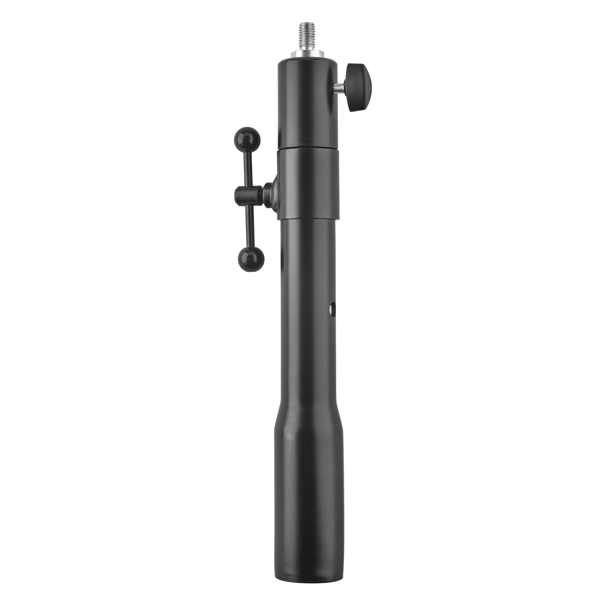 66390 TV spigot adapter assembled front view with black tube, threaded top stud, side knob and T-handle clamp, K&M