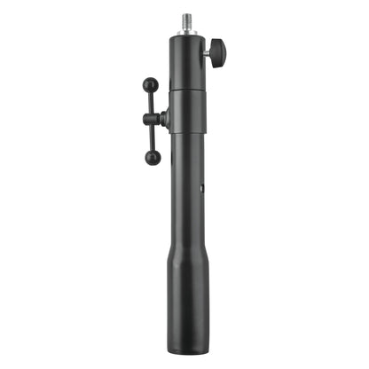 66390 TV spigot adapter assembled front view with black tube, threaded top stud, side knob and T-handle clamp, K&M