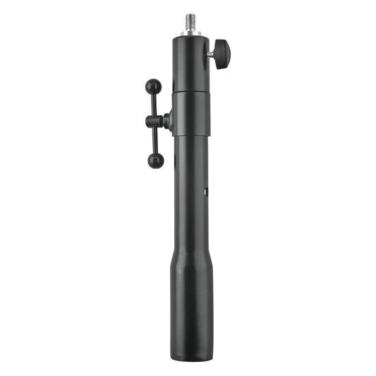 66390 TV spigot adapter assembled front view with black tube, threaded top stud, side knob and T-handle clamp, K&M