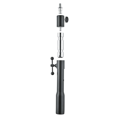 66390 TV spigot adapter exploded view showing threaded stud, swivel knob head, chrome spigot connector and black T-handle base tube, K&M