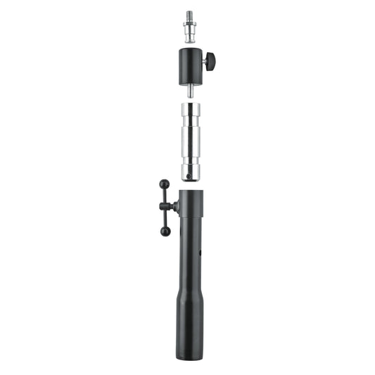 66390 TV spigot adapter exploded view showing threaded stud, swivel knob head, chrome spigot connector and black T-handle base tube, K&M