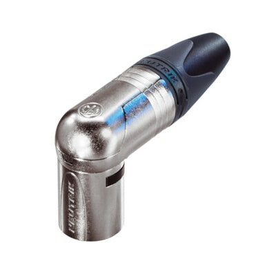 Neutrik NC5MRX right-angle 5-pin male XLR connector with nickel housing and black boot