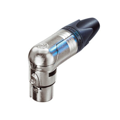 Neutrik NC5FRX right angle female XLR cable connector with nickel shell and black strain relief boot