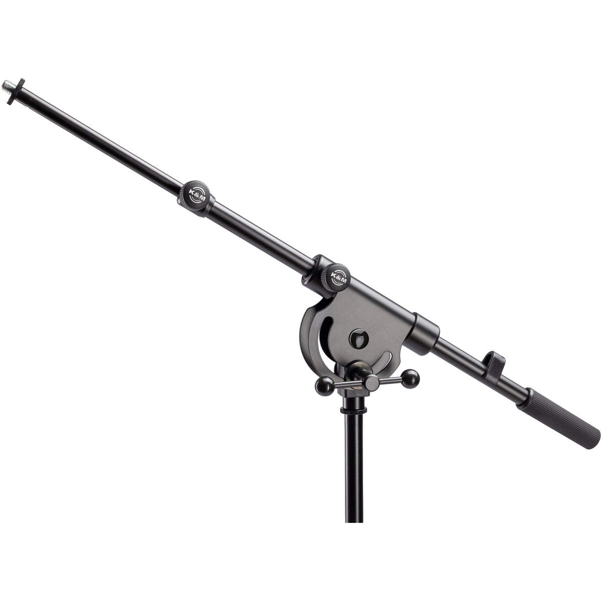 21150 telescopic boom arm XL angled front view showing K&M locking knobs, swivel joint with T-handle tightening bar, threaded mic mount tip and knurled counterweight grip in black, K&M