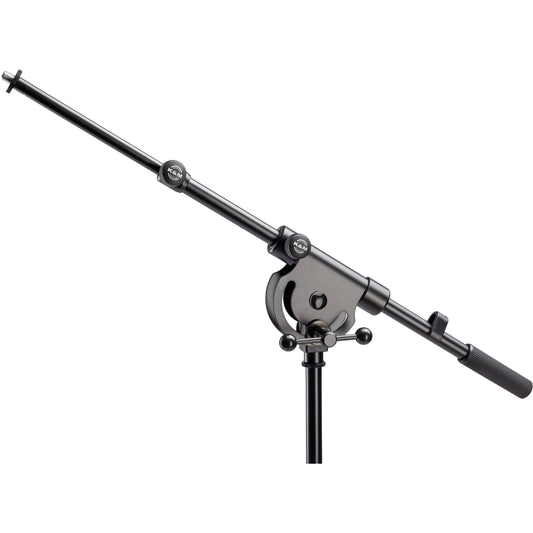 21150 telescopic boom arm XL angled front view showing K&M locking knobs, swivel joint with T-handle tightening bar, threaded mic mount tip and knurled counterweight grip in black, K&M