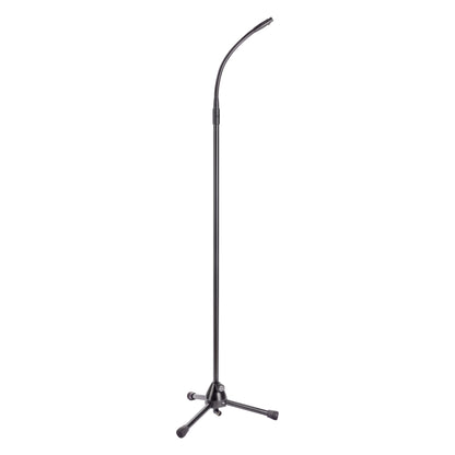 27500 XLR wired tripod mic stand full front view with curved gooseneck and black folding tripod base, K&M