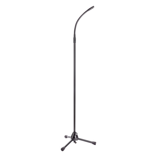 27500 XLR wired tripod mic stand full front view with curved gooseneck and black folding tripod base, K&M