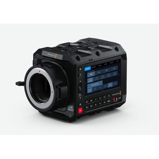 Blackmagic Design PYXIS 12K cinema camera body at an angle showing EF mount and touchscreen menu