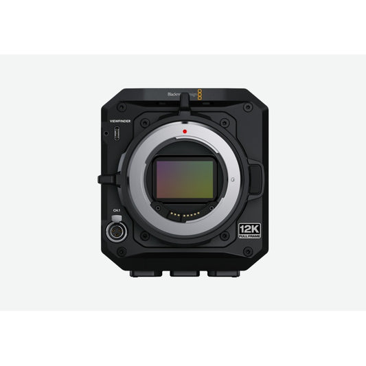 Blackmagic Design PYXIS 12K front view with EF mount removed, exposing full frame sensor and CH.1 audio input
