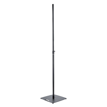 24650 lighting and speaker stand full front view, extended black steel pole with clamp collar and square base plate with carry handle slot, K&M