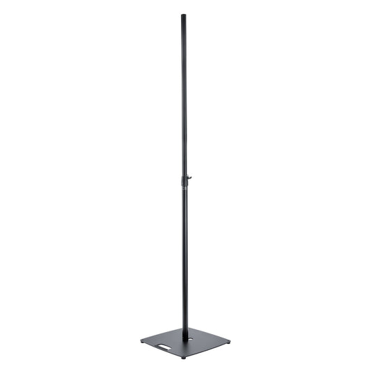24650 lighting and speaker stand full front view, extended black steel pole with clamp collar and square base plate with carry handle slot, K&M
