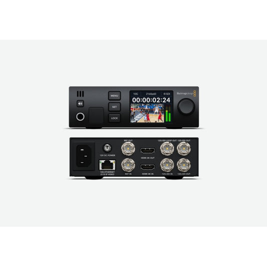 Blackmagic Design BMD-CONVNVIPJ/STD/12G IP standards converter front and rear panels shown together