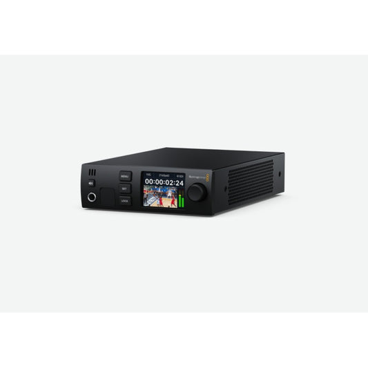 Blackmagic Design BMD-CONVNVIPJ/STD/12G converter angled view showing LCD, jog wheel and side vents