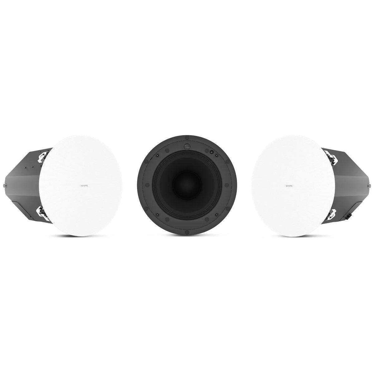 AD-C10T-HPZB-WH 10-inch ceiling speaker shown in three views with white round grille and exposed black woofer and coaxial driver, Q-SYS