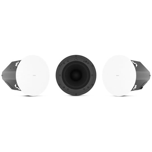 AD-C10T-HPZB-WH 10-inch ceiling speaker shown in three views with white round grille and exposed black woofer and coaxial driver, Q-SYS
