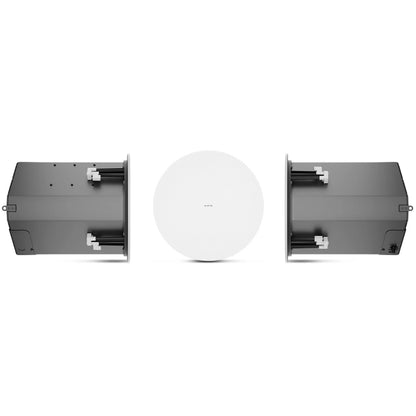 AD-C10T-HPZB-WH side profiles showing steel back can with tile-rail mounting hardware beside white grille face, Q-SYS