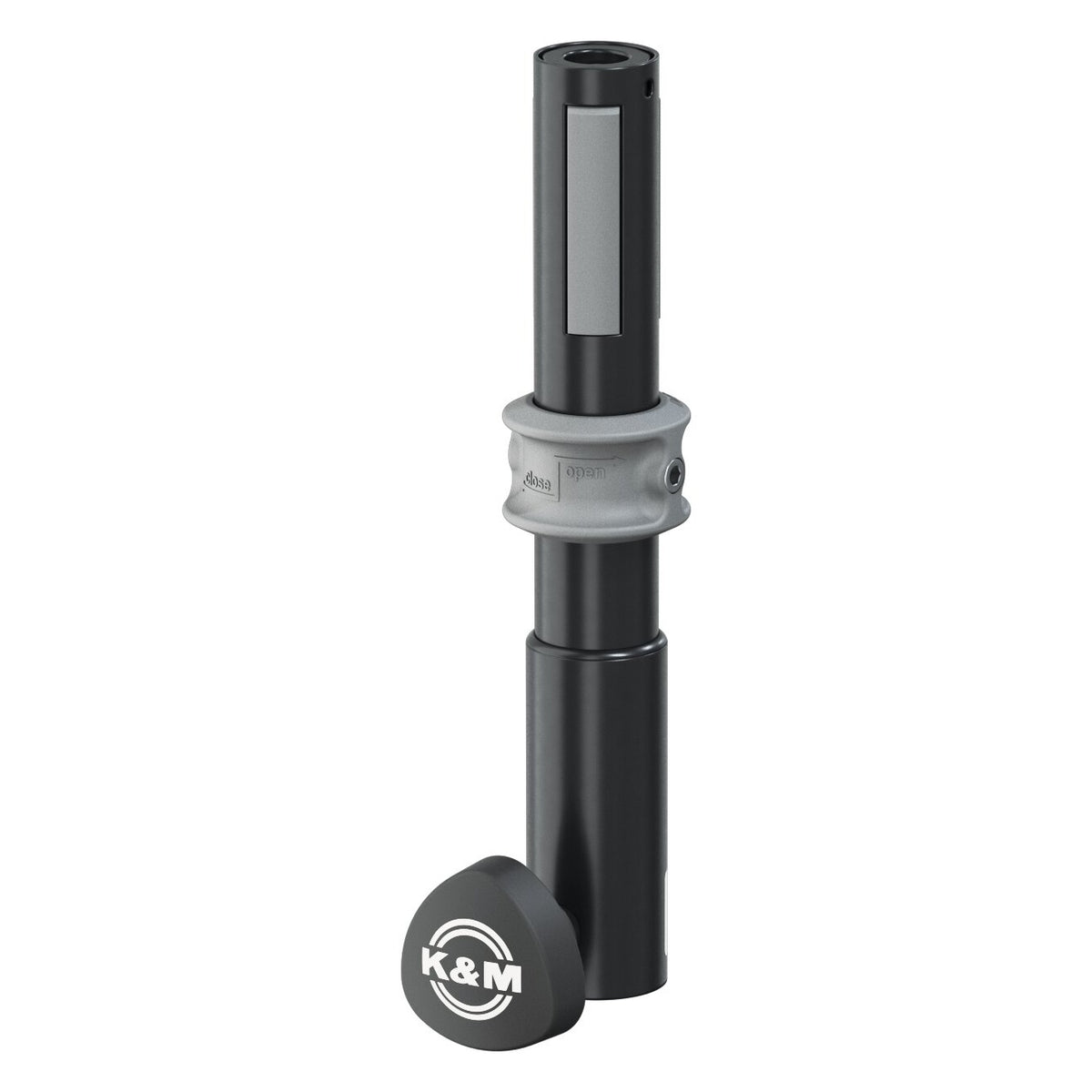 21444 Easy Lock adapter sleeve front view showing grey locking ring marked open and close and K&M logo knob at the base, K&M