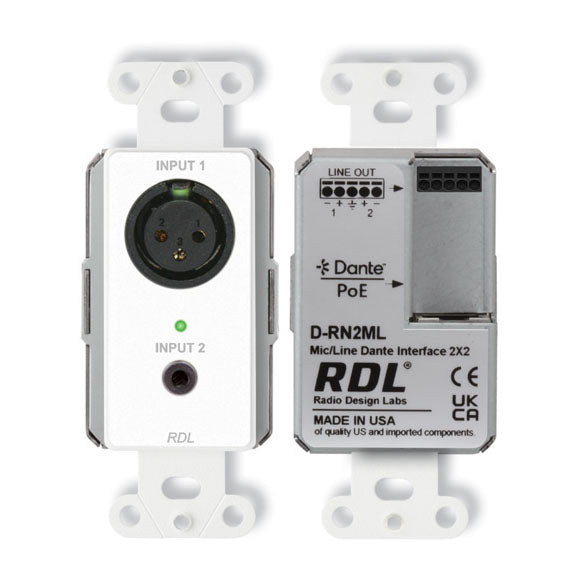 RDL D-RN2ML Wall-Mounted Bi-Directional Mic/Line Dante Interface 2x2