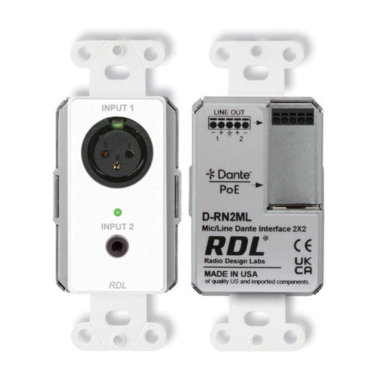 RDL D-RN2ML Wall-Mounted Bi-Directional Mic/Line Dante Interface 2x2