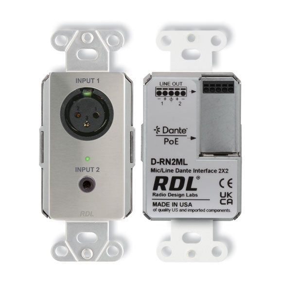 RDL DS-RN2ML Wall-Mounted Bi-Directional Mic/Line Dante Interface 2x2