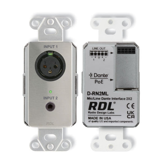 RDL DS-RN2ML Wall-Mounted Bi-Directional Mic/Line Dante Interface 2x2