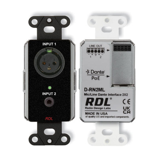 RDL DB-RN2ML Wall-Mounted Bi-Directional Mic/Line Dante Interface 2x2
