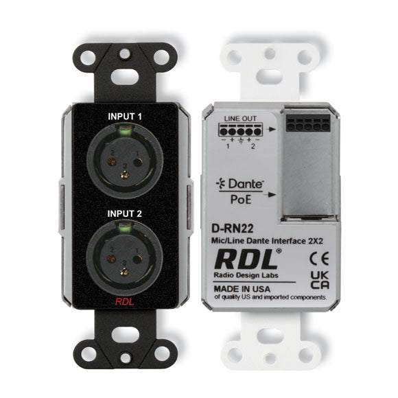RDL DB-RN22 Wall-Mounted Bi-Directional Mic/Line Dante Interface 2x2