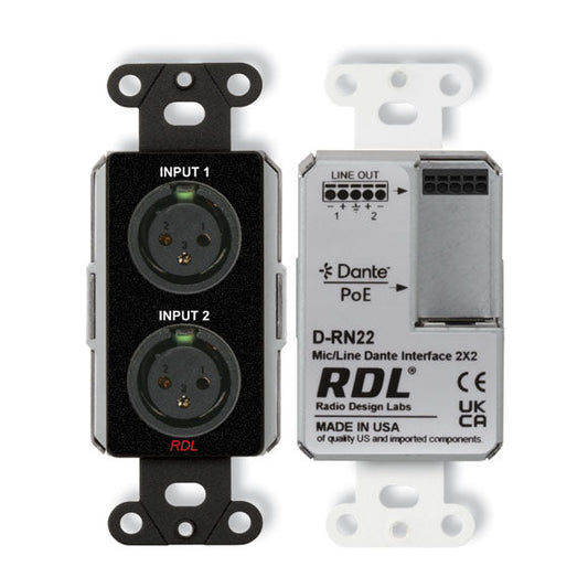 RDL DB-RN22 Wall-Mounted Bi-Directional Mic/Line Dante Interface 2x2