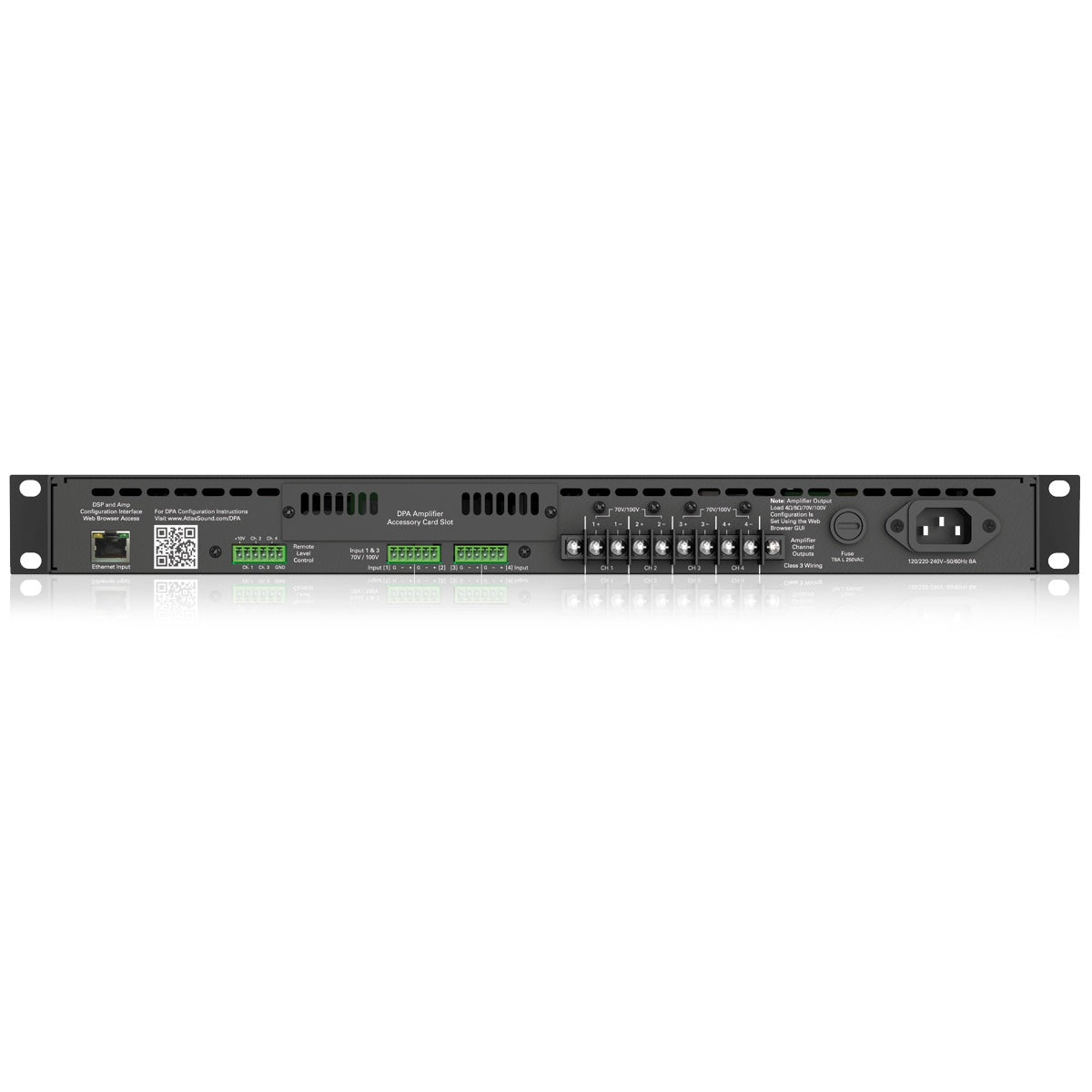 DPA1202 rear panel showing Ethernet input, DPA accessory card slot, Euroblock inputs and 70V/100V channel outputs, AtlasIED
