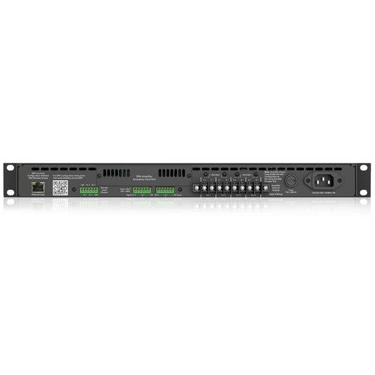 DPA1202 rear panel showing Ethernet input, DPA accessory card slot, Euroblock inputs and 70V/100V channel outputs, AtlasIED