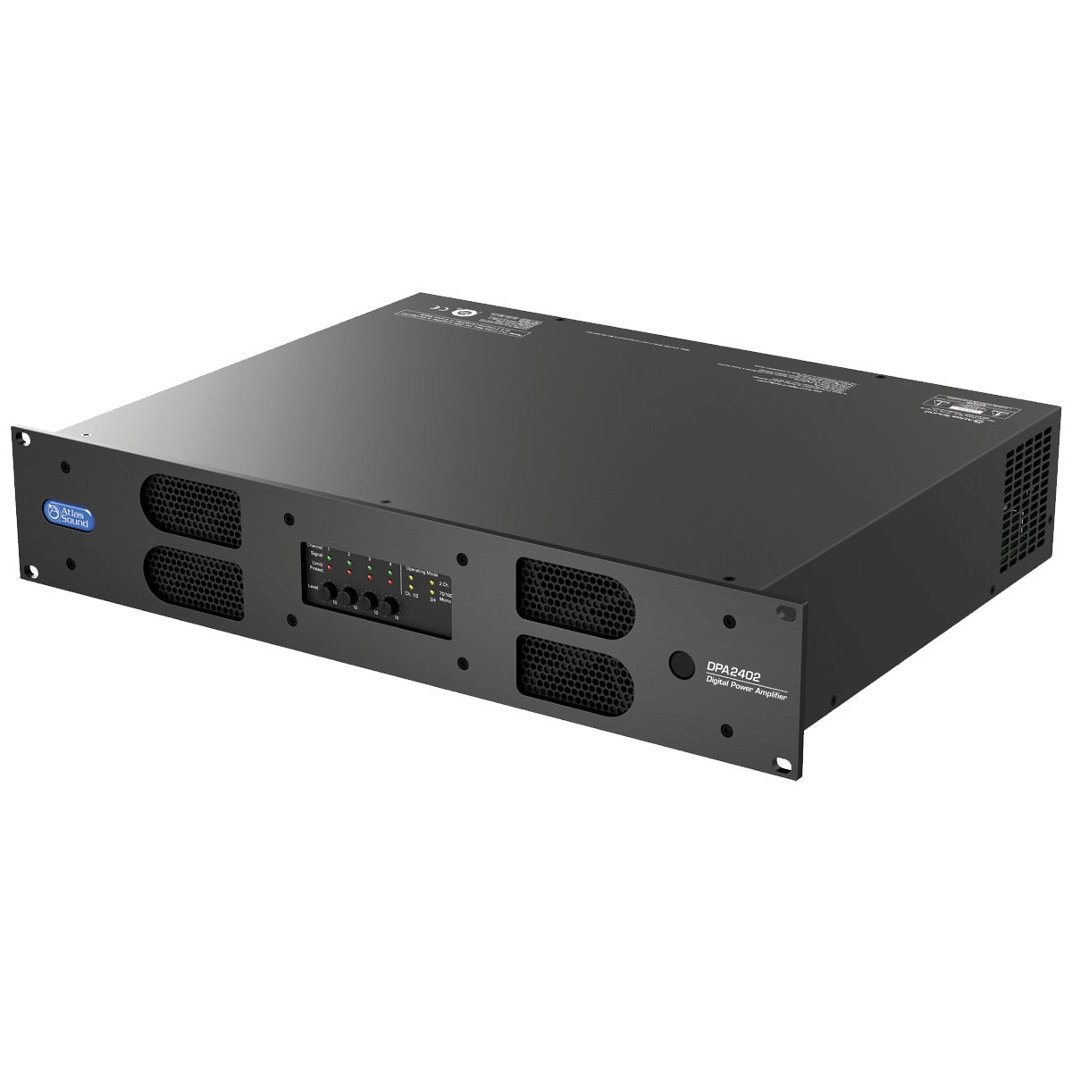 DPA2402 2400W networkable power amplifier angled front view showing 2RU rack chassis with vented front panel and four channel level knobs, AtlasIED