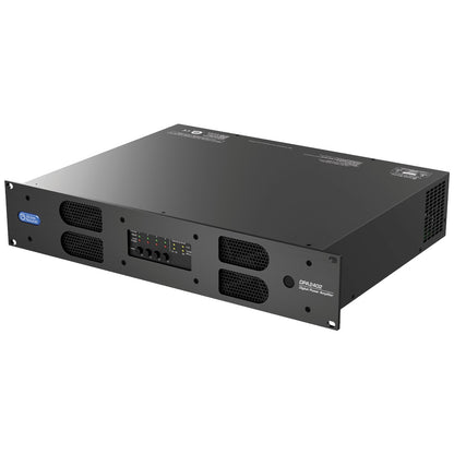 DPA2402 2400W networkable power amplifier angled front view showing 2RU rack chassis with vented front panel and four channel level knobs, AtlasIED