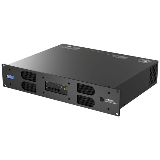 DPA2402 2400W networkable power amplifier angled front view showing 2RU rack chassis with vented front panel and four channel level knobs, AtlasIED