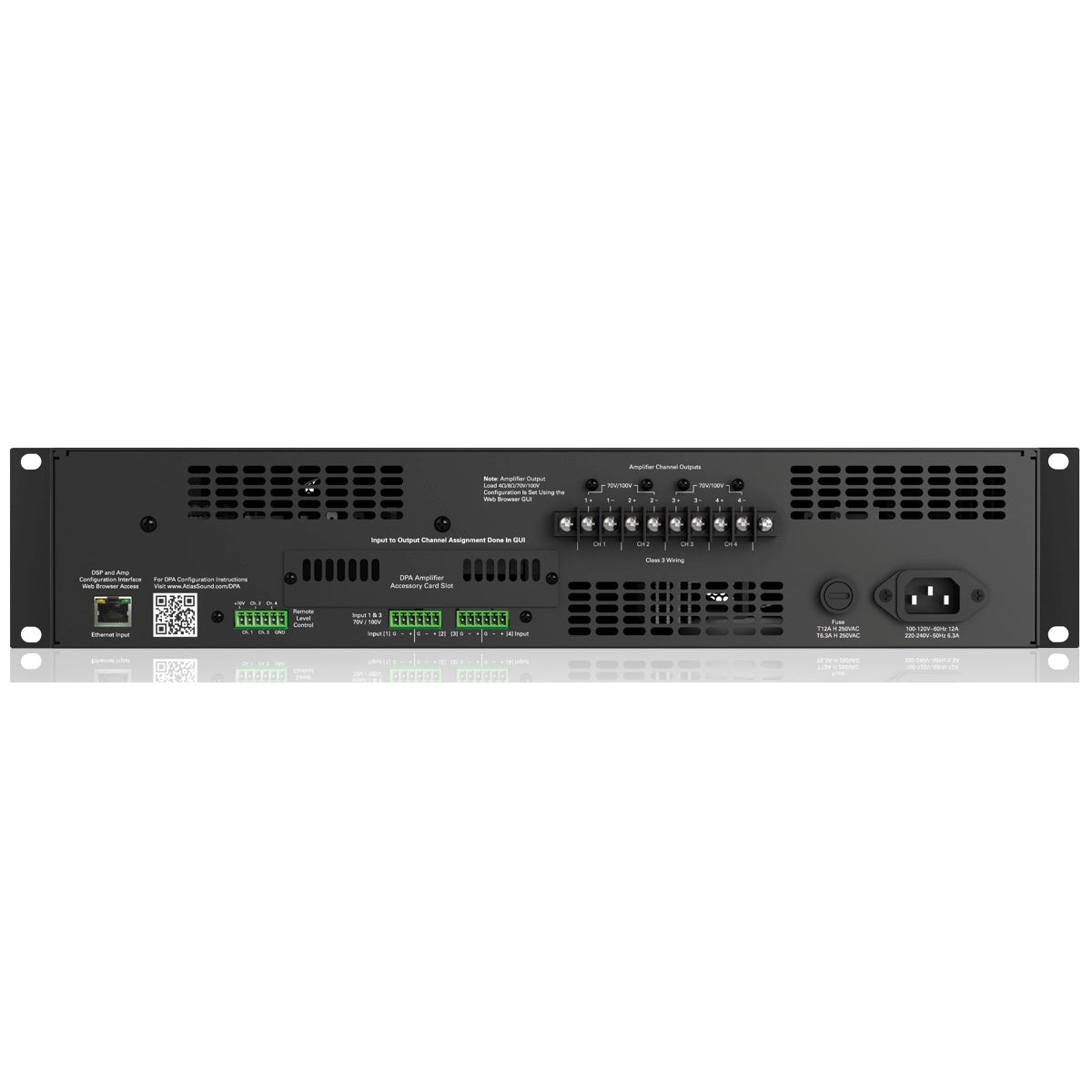 DPA2402 rear panel with Ethernet control input, Phoenix-style 70V/100V inputs, four-channel barrier strip outputs and IEC power inlet, AtlasIED