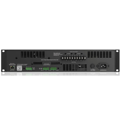 DPA2402 rear panel with Ethernet control input, Phoenix-style 70V/100V inputs, four-channel barrier strip outputs and IEC power inlet, AtlasIED