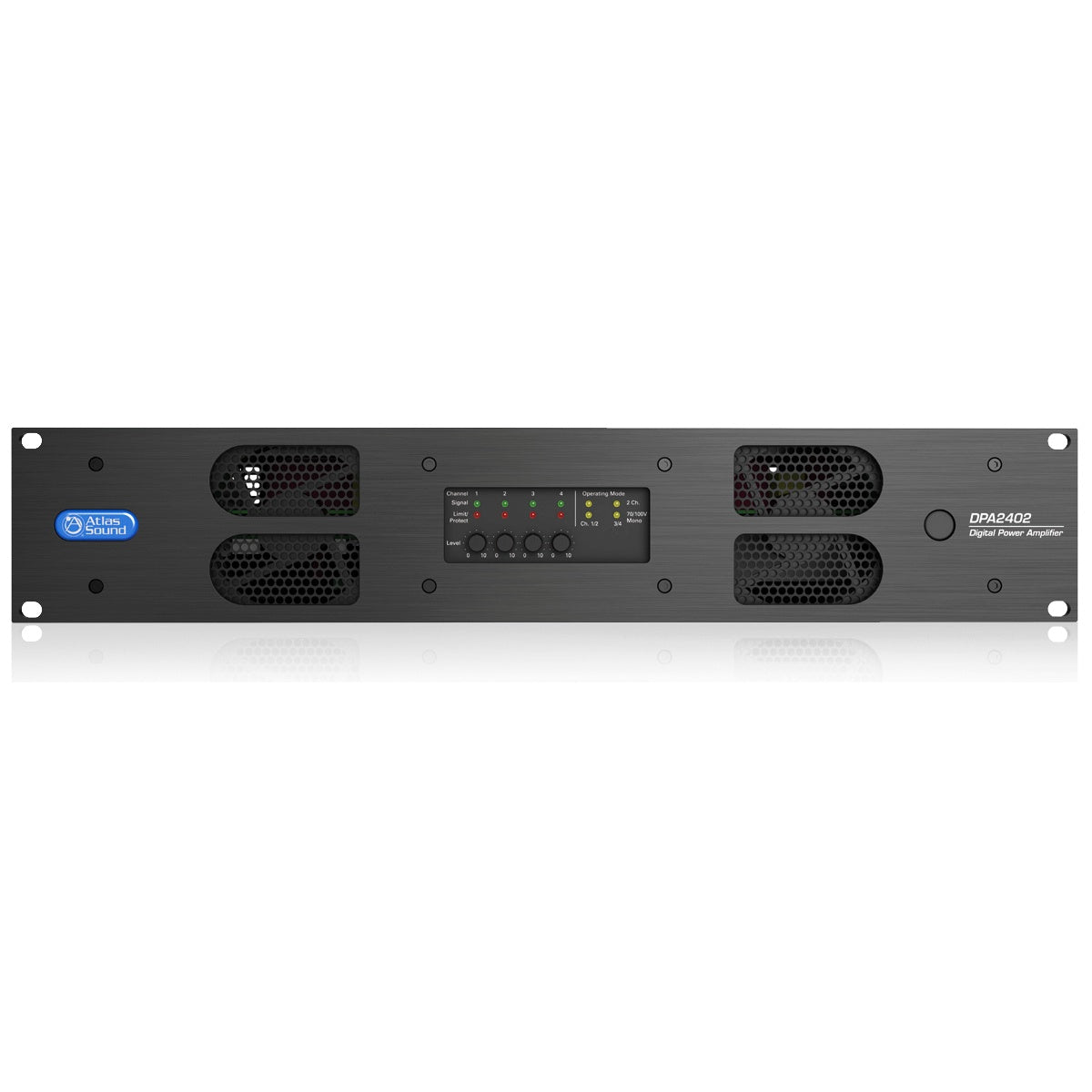 DPA2402 front panel straight-on view with signal/limit LEDs, four level controls and operating mode indicators, AtlasIED